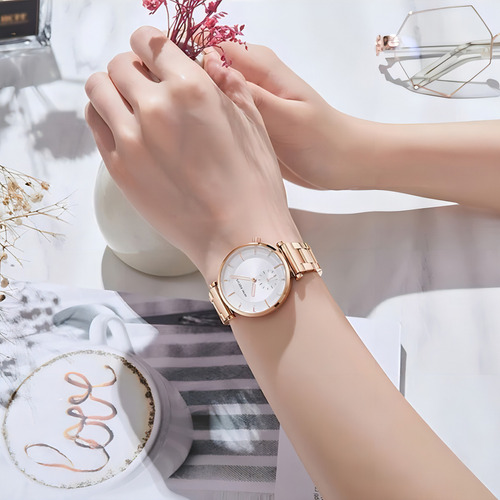 Elegante reloj Mini Focus Fashion con correa de oro rosa y cuarzo para mujer
