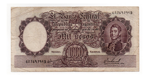 Billete Argentina 1000 Pesos Moneda Nacional Bottero 2167