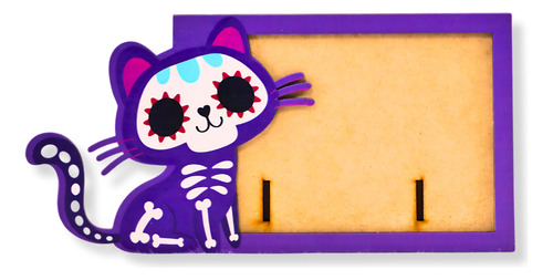 Portarretratos Pintado Día De Muertos Halloween Mdf Altar Color Natural Gato