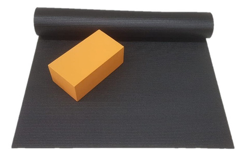 Kit Yoga * 01 Tapete Mat 1,80x 0,60/ 01 Tijolinho * Cor Preto/com Laranja