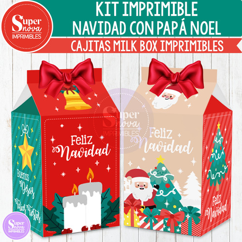 Kit Imprimible Cajitas Milk Box Navidad Con Papá Noel 1