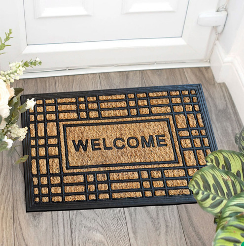 Felpudo Coco Goma 40x60 Entrada Calidad Premium Diseño 4 Ancho 40 Cm Color Negro Y Natural Diseño De La Tela Welcome Moderno Largo 60 Cm