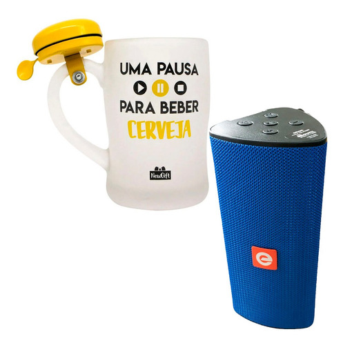 Kit Caixa De Som Cs-m33bt Azul + Caneca Campainha Uma Pausa