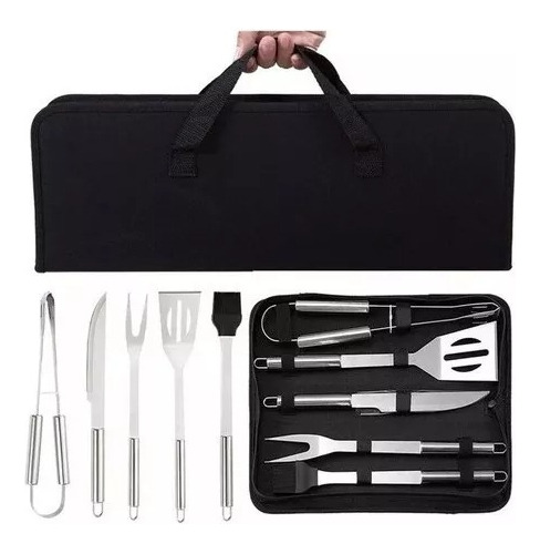 Set 5 Utensilios Profesional Acero Inox Para Asado + Estuche