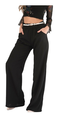 Pantalon Palazzo Negro Tiro Alto Elastico Cintura Bolsillos