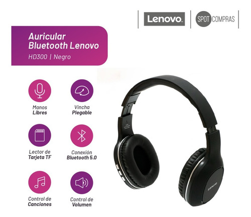 Imagen 4 de 5 de Auricular Inalambrico Bluetooth Vincha Plegable Lenovo Hd300