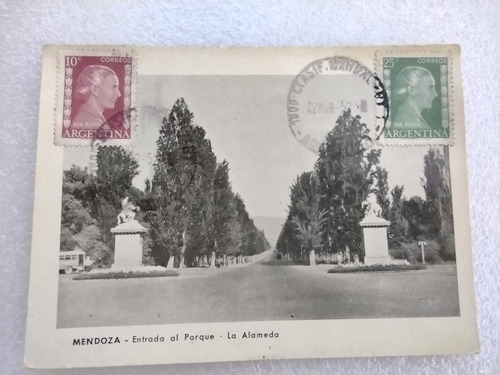 Postal Parque La Alameda Mendoza Con 2 Sellos Eva Perón 1952