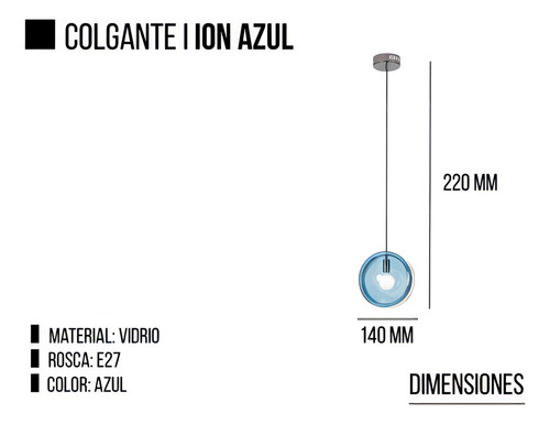 Lampara Techo Colgante Ion Azul Vidrio Rosca E27 Leuk