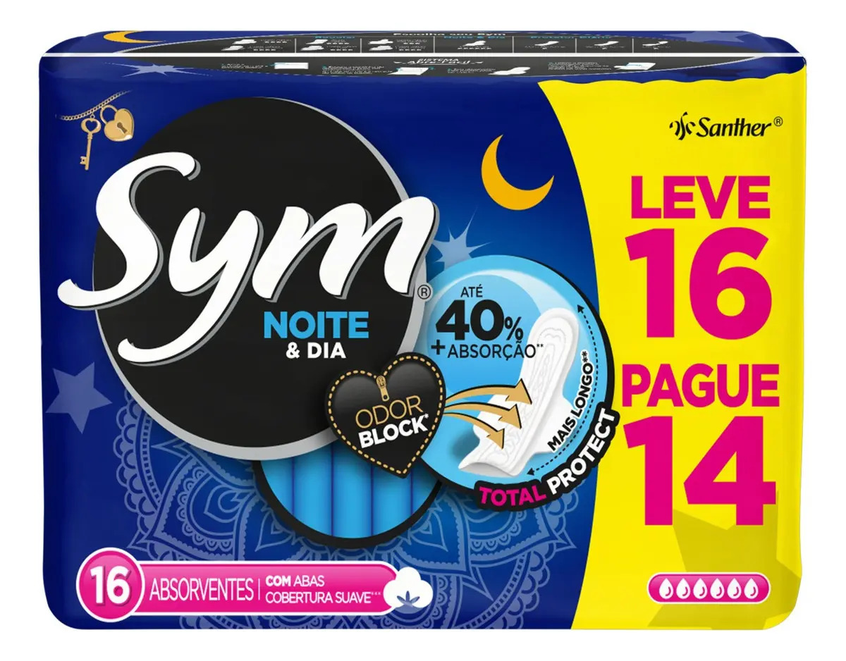 Absorvente Noite & dia Cobertura Suave Com Abas 16 unidades Sym