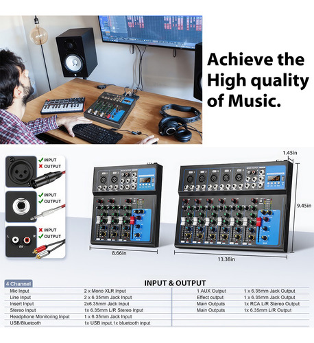 Mixer F4 Mezclador Dj De Audio 4 Canales Bluetooth Usb