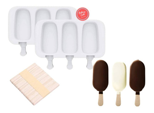 Molde Silicona Paleta De Helado Grande X3 Cav. + 50 Palitos