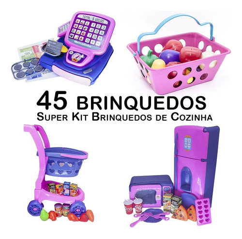 Kit Cozinha Infantil Carrinho Caixa Geladeira Microondas 45p