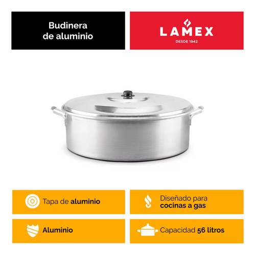 Budinera Lamex De Aluminio 56 Litros Con Tapa De Aluminio