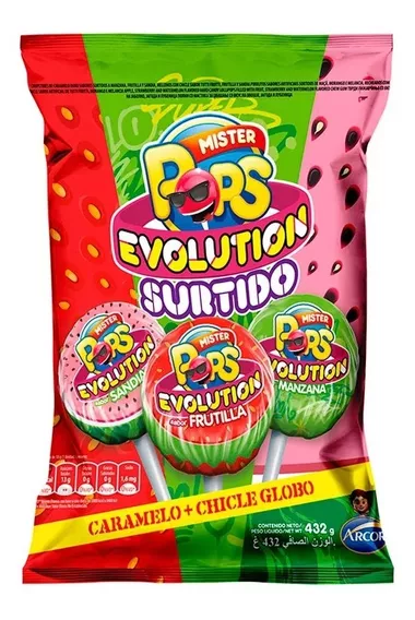 24 Chupetines Mr Pop Evolution Sandia Frutilla Mzn + Chicle