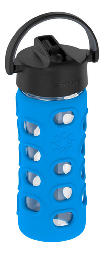 Botella De Agua De Vidrio 354 Ml Tapa Popote Giratorio Azul