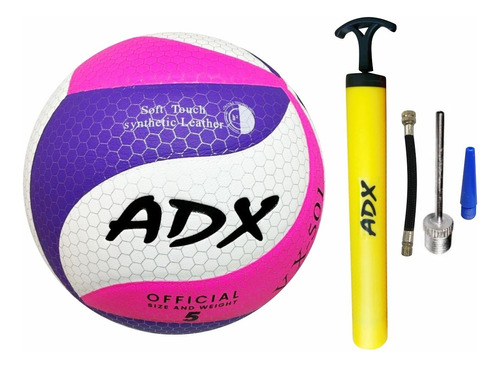 Balón Voleibol Vx501 + Bomba Adx Peso Y Medida Reglamentaria Color Rosa con Morado y Blanco
