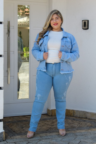 Imagem 6 de 6 de Conjunto Feminino Plus Size Jeans Jaqueta E Calça Inverno