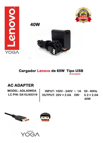 Cargador Lenovo Original Yoga-3 De 40w  20v-2.0a  100% Nuevo