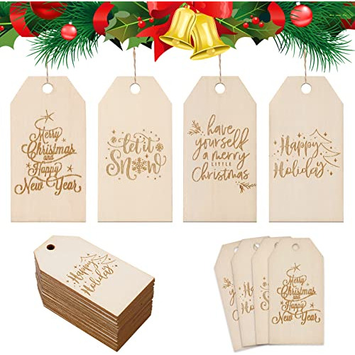 32pcs Christmas Wooden Gift Tags Rustic Happy Holiday P...