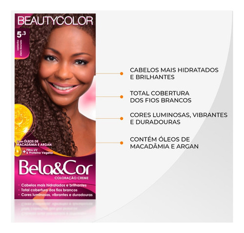 Coloração Kit Bela&cor Todas As Cores - Tinta Para Cabelo Tom 5.3 castanho claro dourado