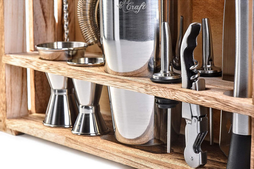 Kit Coctelera De 11 Piezas Con Soporte De Madera Rústica