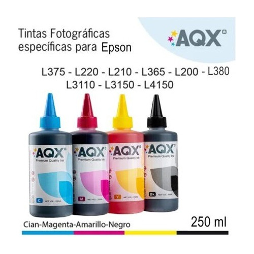 Kit Tinta Alternativa Aqx Epson 250ml. Total 1 Litro. 