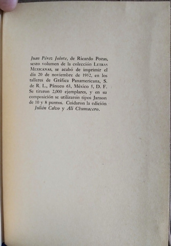 Libro Juan Pérez Jolote, Ricardo Pozas, 1952 (Usado)