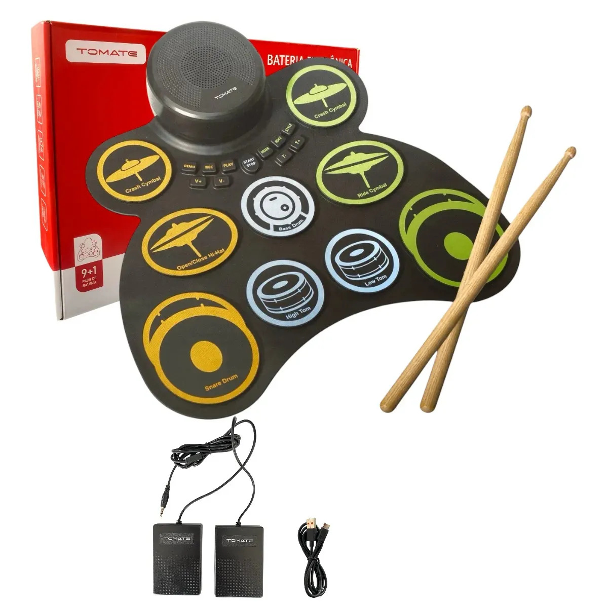 Bateria Eletrônica Roll Up 9 Pads Portátil C/ Pedais Baquetas USB Gravação Reprodução Metrônomo Sons Demo Ritmos Alto-falante Bateria Lítio Recarregável Silicone Música Estudo Casa