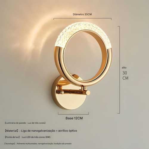 Arandela Area Interna Parede Quarto Led Dourada Moderna 6w
