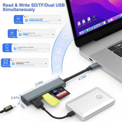 Lector De Tarjetas Sd Usb C 5 En 1 Tiansong Con Cargador Pd