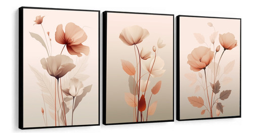 Kit 3 Quadros Decorativos Flores Rosa Moderno Com Moldura