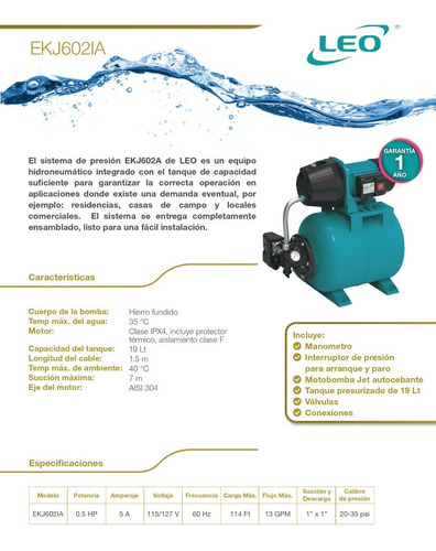 Sistema De Presión Leo Ekj602la 1/2 Hp, C/ Tanque De 19 Lts