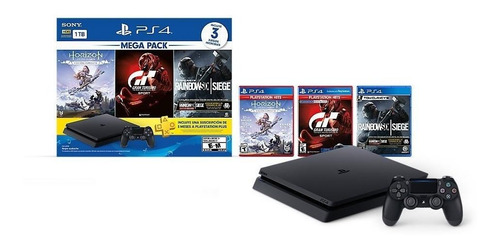 Imagen 1 de 2 de Sony PlayStation 4 Slim 1TB Mega Pack: Tom Clancy's Rainbow Six Siege/Horizon Zero Dawn/Gran Turismo Sport color negro azabache