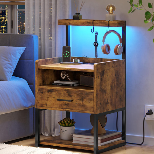 Juego De 2 Mesitas De Noche Rústicas Con Luces Led