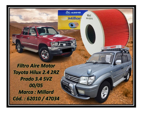 Filtro Aire Motor Toyota Hilux 2.4 2rz Prado 3.4 5vz  00/05 