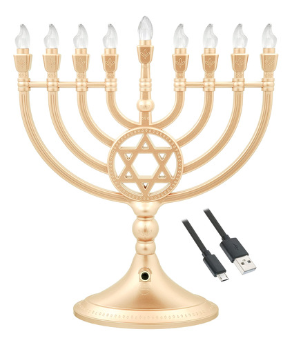 Menorah De Hanukkah De Oro Eléctrico Led Tradicional -...