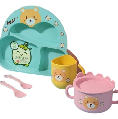 Set De Plato Bandeja + Taza Con Cubiertos Diseño Cloud Bear Color Rosa