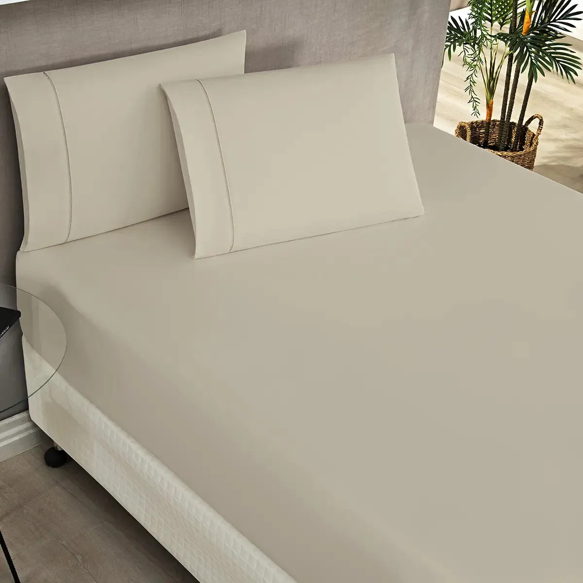 Jogo Cama Elegance Queen 3 Peças 200 Fios Ponto Palito Cor Cáqui