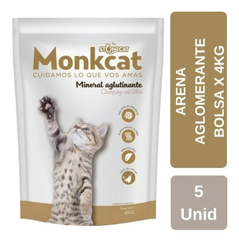 Arena sanitaria para gatos Monkcat bentonita aglomerante 4kg por 5 bolsas x 20kg de peso neto
