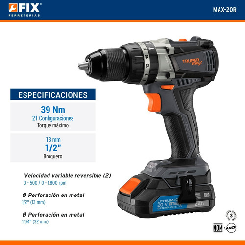 Taladro Rotomartillo Inalámbrico 1/2 Truper Max Max-20r 20v Color Gris