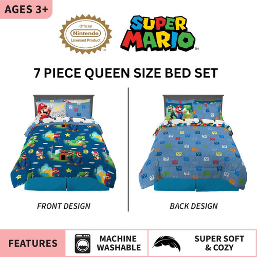 Set De Cama Super Mario Bros 7 Piezas Tamaño Queen