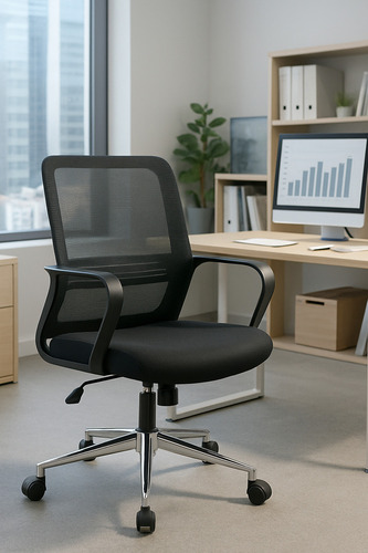 Silla De Oficina Bari Ejecutiva Ergonómica Con Respaldo De Malla Transpirable, Altura Ajustable, Base Cromada De 5 Ruedas, Soporte Lumbar Fijo, Color Negro, Soporta Hasta 90 Kg