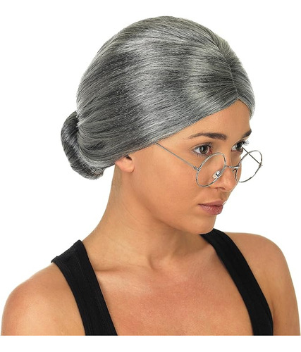 Juego Pelucas Y Gafas Para Mujer Gris Moño Abuela Accesorios