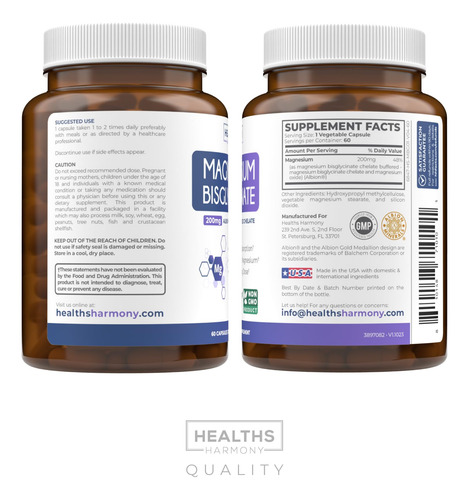 Cápsulas De Bisglicinato De Magnesio Healths Harmony 200 Mg