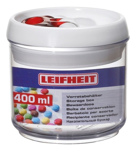 Frasco Hermetico Leifheit Redondo 400 Ml Apilable Plastico Color Tapa Blanca Con Rojo