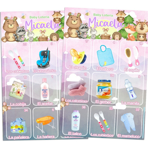 Lotería Rosa Niña Juego Baby Shower  Animales Bosque Digital