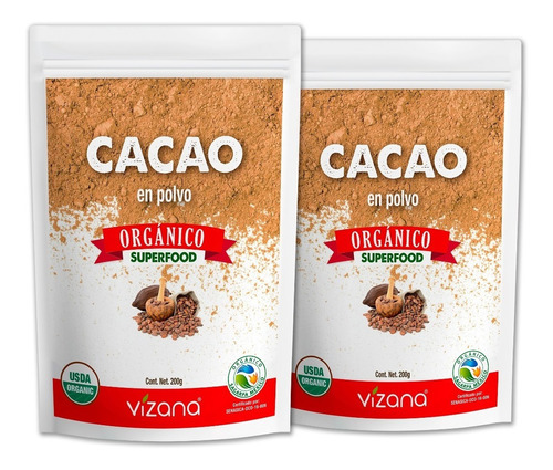 Cacao Orgánico En Polvo 400g (2 Bolsas 200g)vizana Nutrition