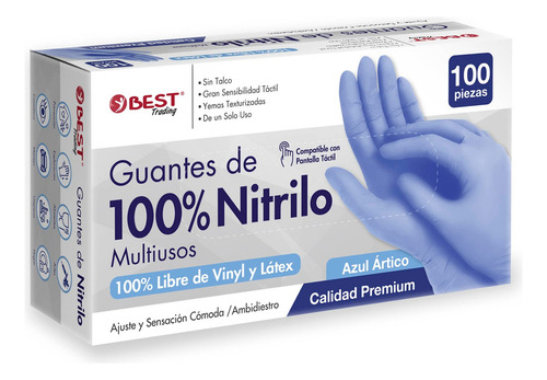 100 Guantes de Nitrilo Alta Calidad Premium Color Azul Claro Totalmente Libre De Látex Y Vinyl Sin Polvo Talla Mediano 100% de Nitrilo