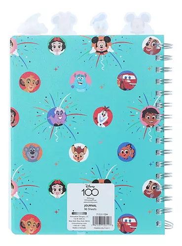  Disney - Cuaderno de 100 años con pestañas de aniversario,  encuadernado en espiral, 144 páginas rayadas, 8 x 7 pulgadas, color azul :  Productos de Oficina