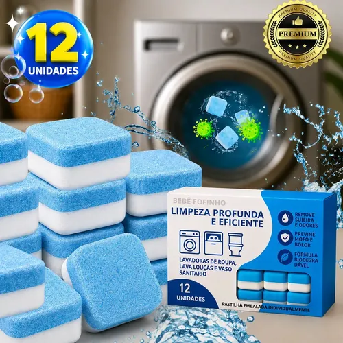 12 Tabletes Pastilhas Higienizar Limpar Máquina Lavar Roupa Lava Louças Limpeza Tambor Universal Kit Higienização Manute